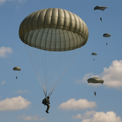 high-resolution image illustrating various military parachutes in use